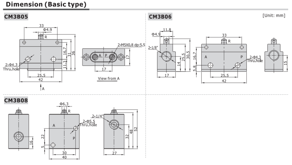 CM3B06T AIRTAC MANUAL VALVES, CM3 SERIES BASIC UNIT (PLUNGER) COMPACT 3 WAY 2 POSITION N.C, 1/8" NPT PORTS